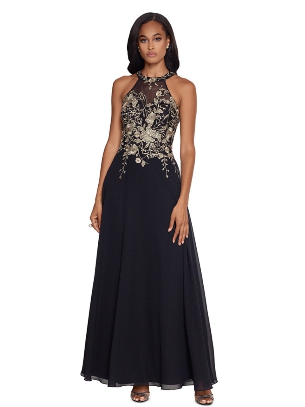 Betsy&Adam Black Maxi Dress Sleeveless Floral-Appliqué Illusion Gown Size 16